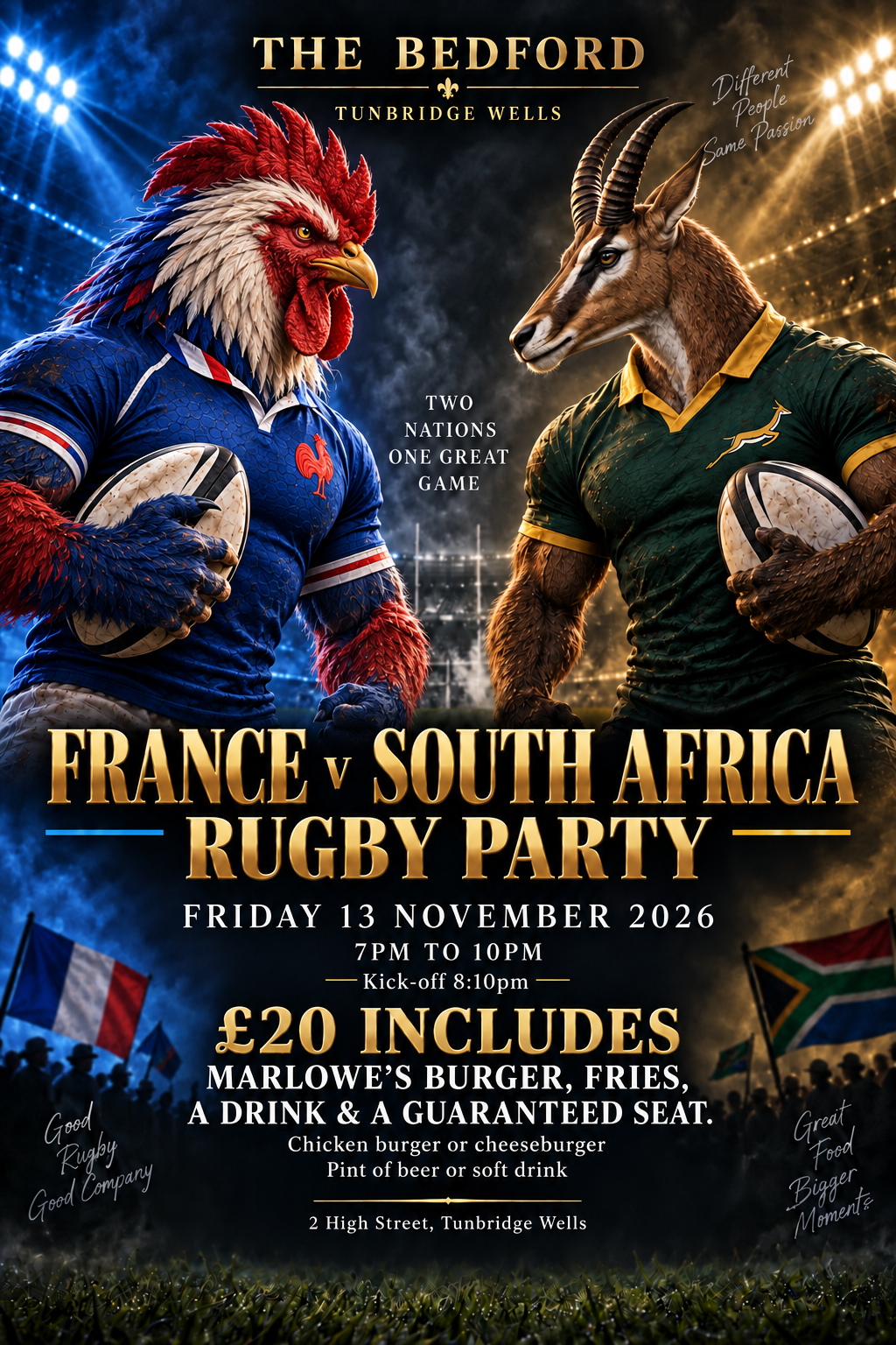 France rooster and South Africa springbok rugby party