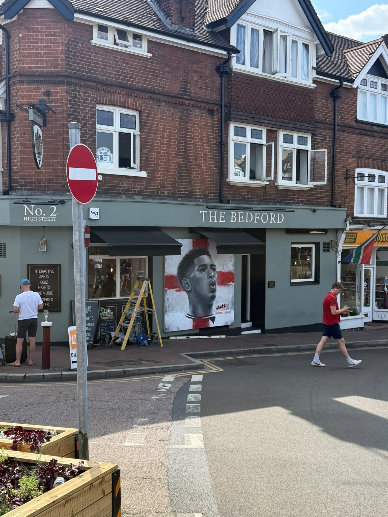 Finished England football mural outside The Bedford Tunbridge Wells by Hugh from Humor Street Art